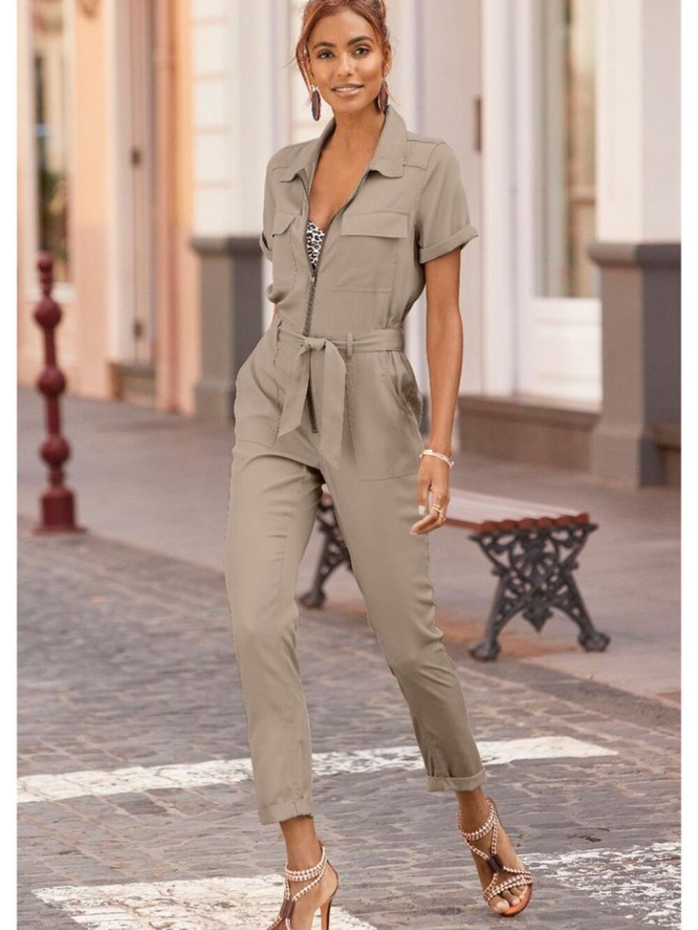 Lascana for Venus Safari-Inspired Utility Jumpsuit Tan XS
